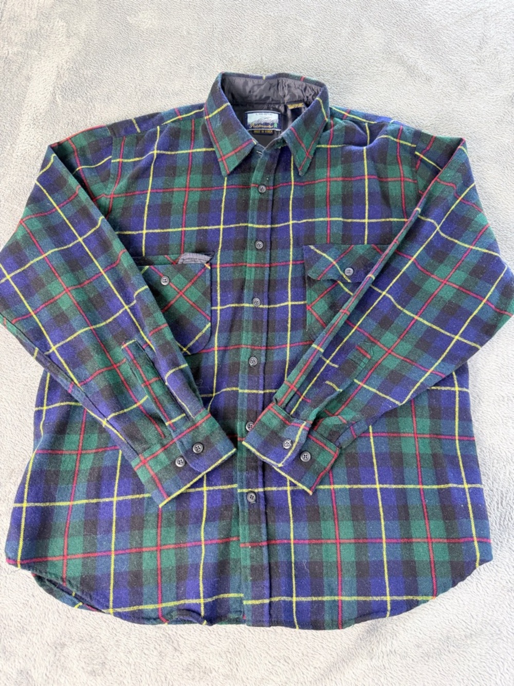 Feildmaster Shirt Mens Large Green Blue Plaid Flannel Button Up Outdoor